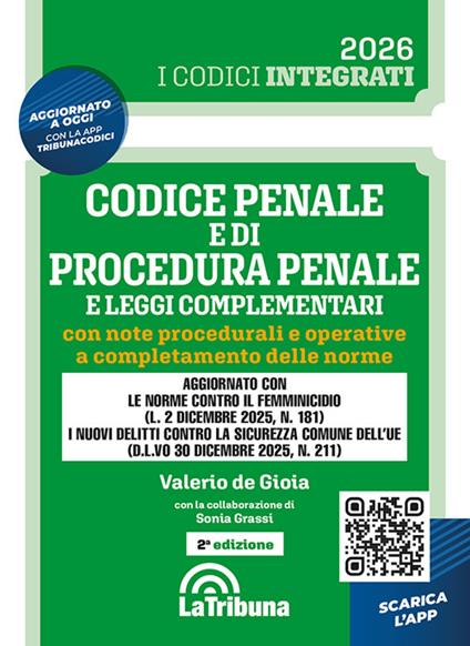 Codice penale e di procedura penale e leggi complementari con note procedurali e operative a completamento delle norme - Valerio De Gioia - copertina