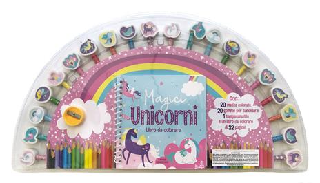 Magici unicorni. Ediz. illustrata. Con 20 gomme per cancellare. Con 10 matite colorate. Con 10 matite grigie. Con temperamatite - copertina