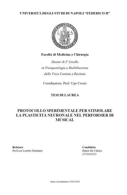 Protocollo sperimentale per stimolare la plasticità neuronale nel performer di musical - Ilenia De Chiara - copertina
