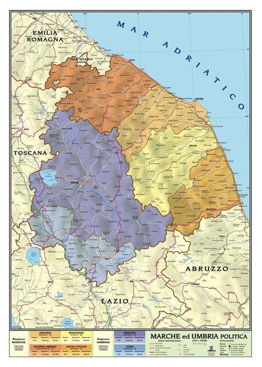 Marche ed Umbria. 1:200.000 murale scolastica fisico/politica con aste. Marche ed Umbria carta murale scolastica - copertina
