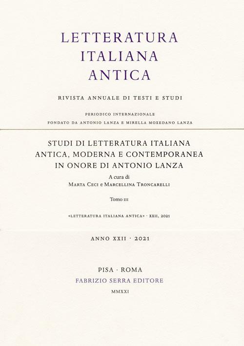 Studi di letteratura italiana antica, moderna e contemporanea in onore di Antonio Lanza. Vol. 1-3 - copertina