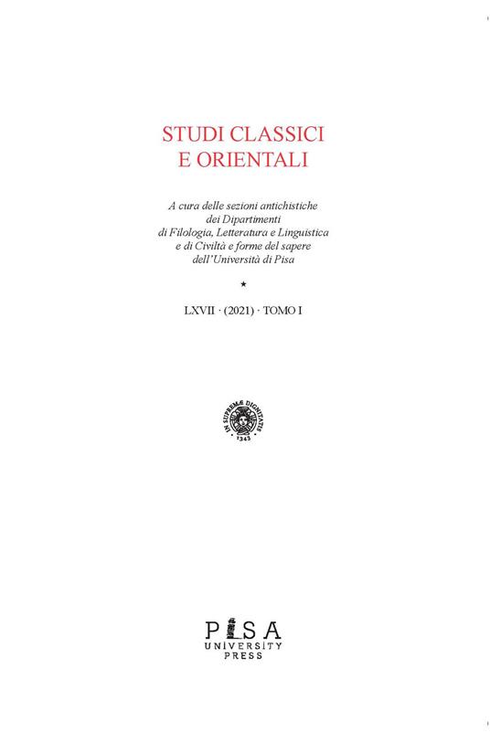Studi classici orientali (2021). Vol. 67\1 - copertina