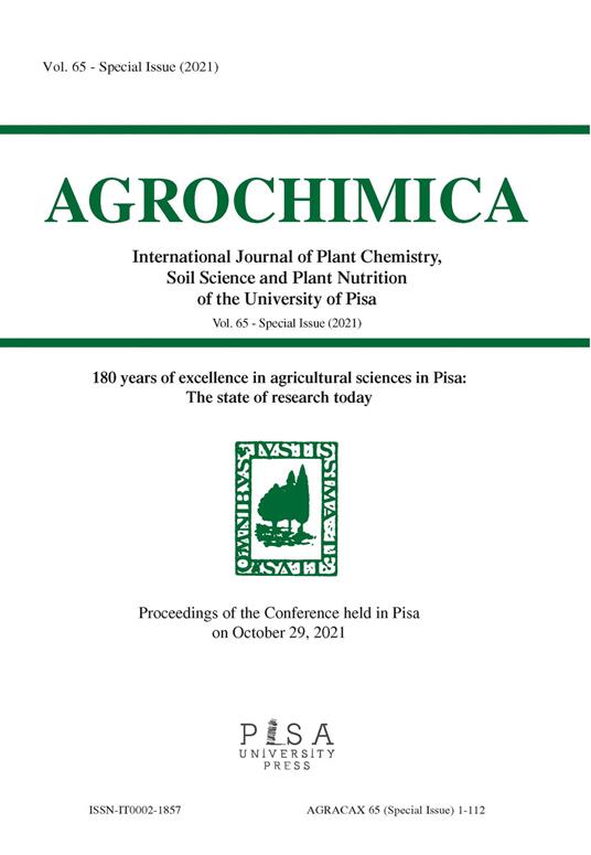 Agrochimica. 180 years of excellence in agricultural sciences in Pisa. The state of research today. Special issue (2021). Vol. 65 - copertina