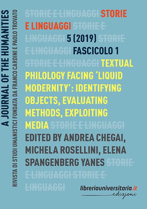 Storie e linguaggi. Rivista di studi umanistici (2019). Vol. 1 - copertina