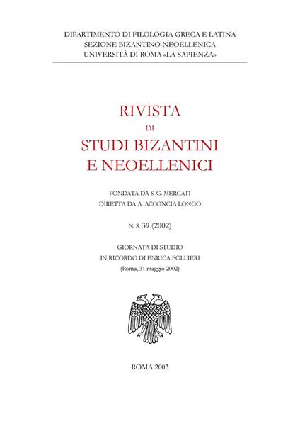 Rivista di studi bizantini e neoellenici (2002). Vol. 39 - copertina