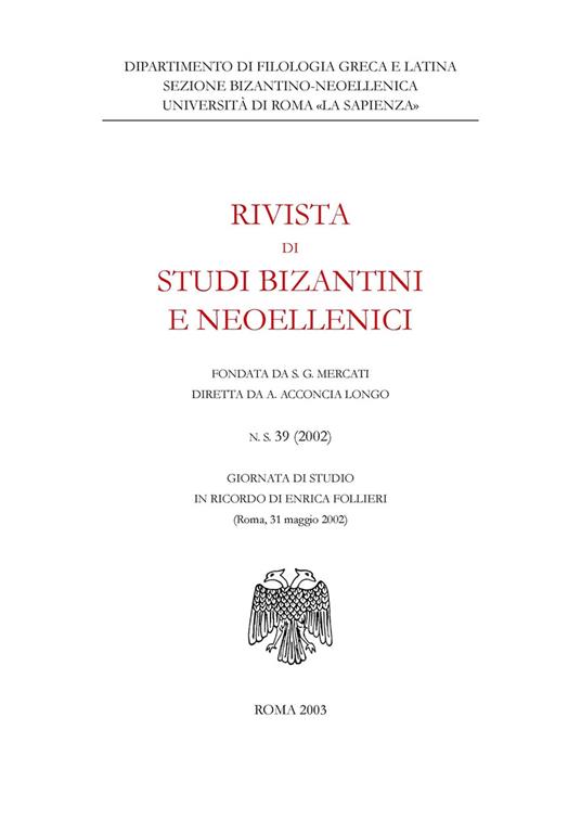 Rivista di studi bizantini e neoellenici (2002). Vol. 39 - copertina