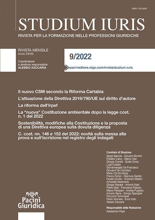 Studium iuris. Rivista per la formazione nelle professioni giuridiche (2022). Vol. 9 - copertina