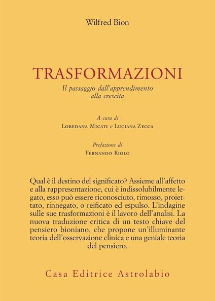 Trasformazioni. Il passaggio dall'apprendimento alla crescita - Wilfred R. Bion - copertina