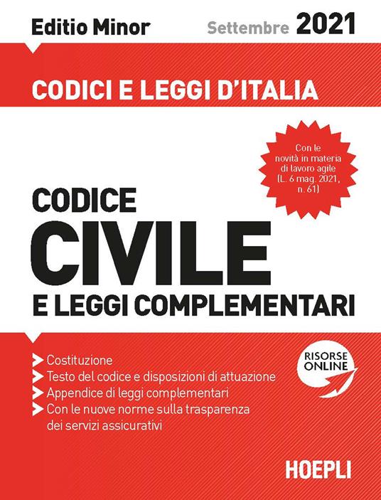 Codice civile e leggi complementari. Settembre 2021. Editio minor - copertina