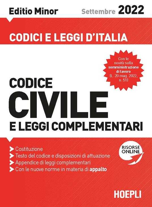 Codice civile e leggi complementari. Settembre 2022. Editio minor. Con espansione online - copertina
