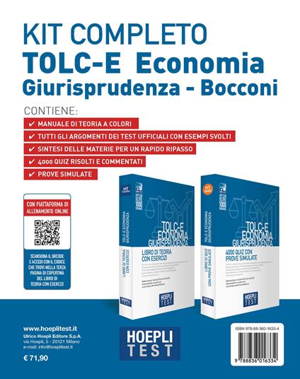 Hoepli test. TOLC-E Economia, Giurisprudenza. Kit completo: Libro di teoria con esercizi-4000 quiz con prove simulate. Con espansione online - copertina