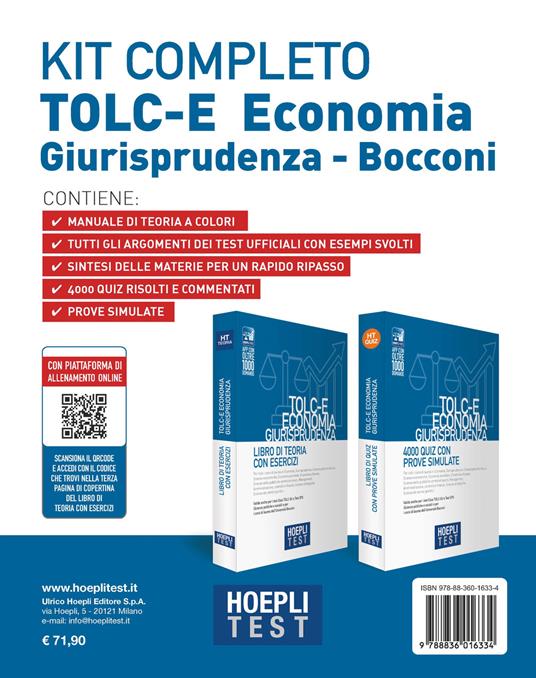 Hoepli test. TOLC-E Economia, Giurisprudenza. Kit completo: Libro di teoria con esercizi-4000 quiz con prove simulate. Con espansione online - copertina