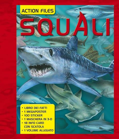 Squali. Con 18 info card con scatola. Con maschera 3D. Con megaposter. Con 100 sticker - copertina