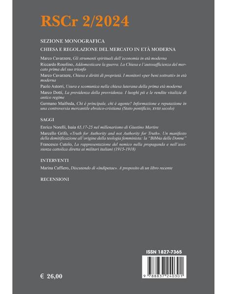 Rivista di storia del cristianesimo (2024). Vol. 2: Chiesa e regolazione del mercato in età moderna - 2