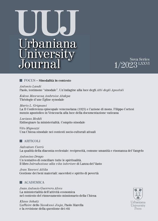 Urbaniana University Journal (2023). Vol. 1: Focus. Sinodalità in contesto - copertina