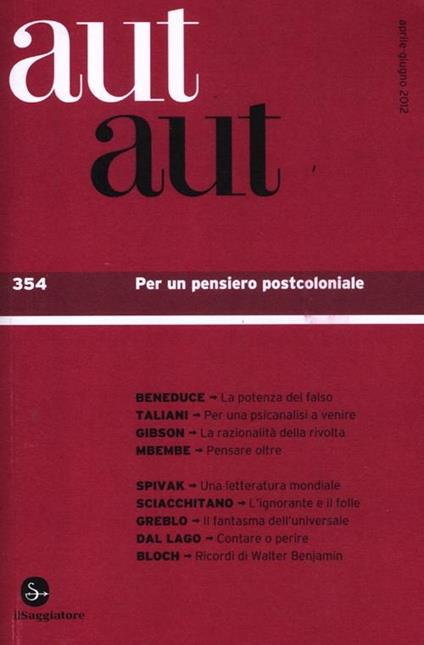 Aut aut. Vol. 354: Per un pensiero postcoloniale. - copertina