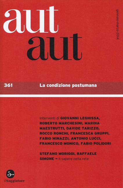 Aut aut. Vol. 361: La condizione postumana. - copertina