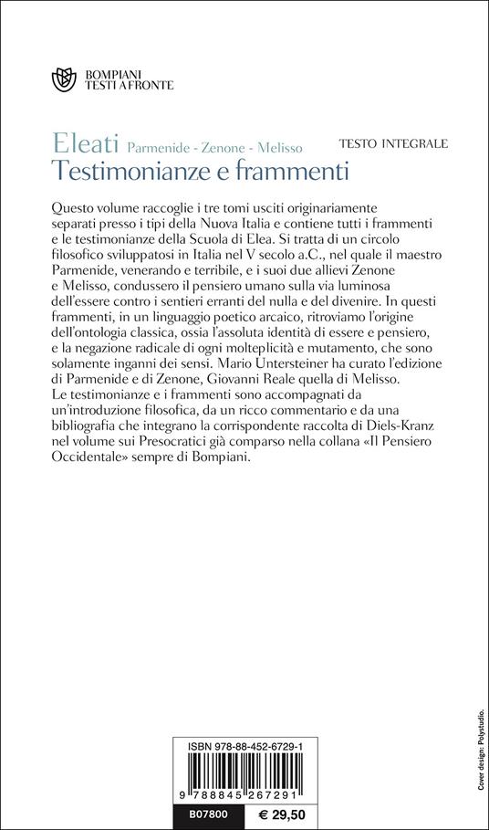 Testimonianze e frammenti. Testo greco a fronte - Parmenide,Zenone,Melisso di Samo - 3