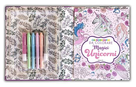 Caleidoscopio da colorare. Magici unicorni. Ediz. illustrata. Con 2 colle glitterate. Con 4 pennarelli - 4