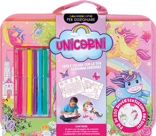Caleidoscopio per disegnare. Unicorni. Ediz. a colori. Con 6 pennarelli. Con scrivania portatile. Con Adesivi - copertina