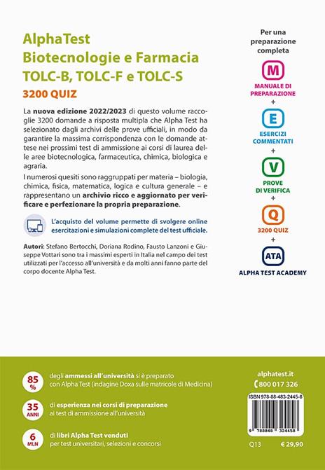 Alpha test Biotecnologie e Farmacia TOLC-B, TOLC-F e TOLC-S. 3200 quiz. Nuova ediz. Con software di simulazione - Stefano Bertocchi,Doriana Rodino,Fausto Lanzoni - 2