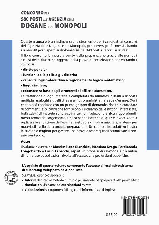 Concorso per 980 posti all'Agenzia delle Dogane e dei Monopoli. Manuale di preparazione. Con MyDesk - Massimiliano Bianchini,Massimo Drago,Ferdinando Longobardo - 2