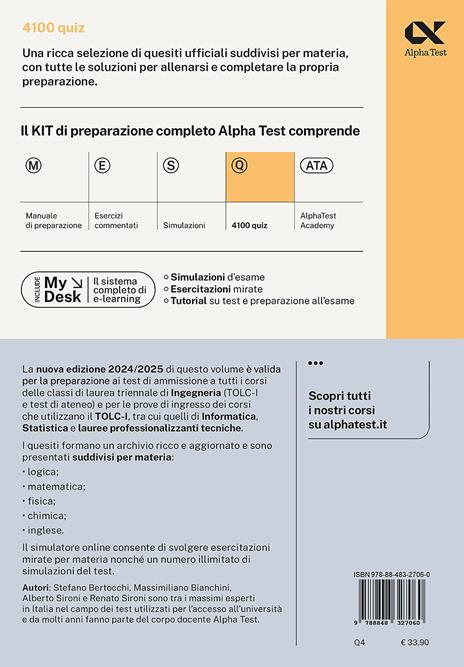 Alpha Test. Ingegneria. TOLC-I. 4100 quiz - Stefano Bertocchi,Alberto Sironi,Massimiliano Bianchini - 2