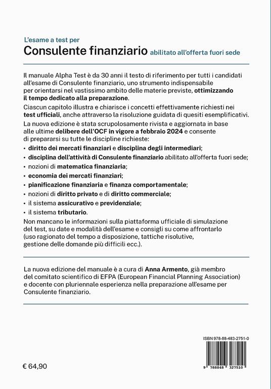 L'esame a test per Consulente finanziario abilitato all'offerta fuori sede. Manuale completo di preparazione - Anna Armento - 2