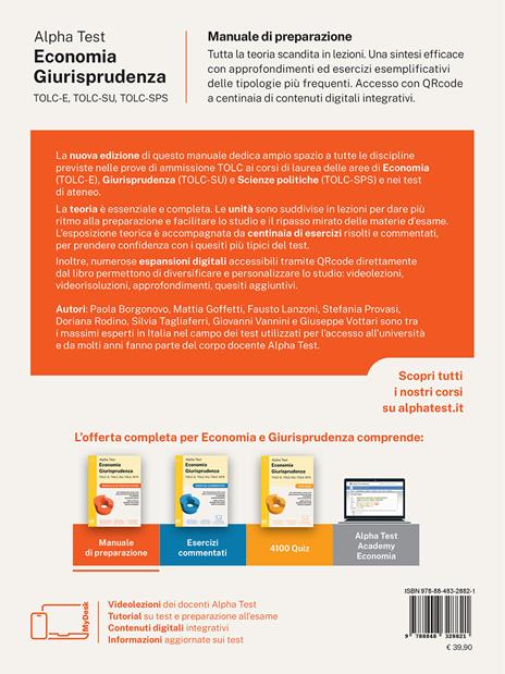 Alpha Test. Economia giurisprudenza. TOLC-E, TOLC-SU, TOLC-SPS. Manuale di preparazione. Con Contenuto digitale per download e accesso online - Paola Borgonovo,Mattia Goffetti,Fausto Lanzoni - 2