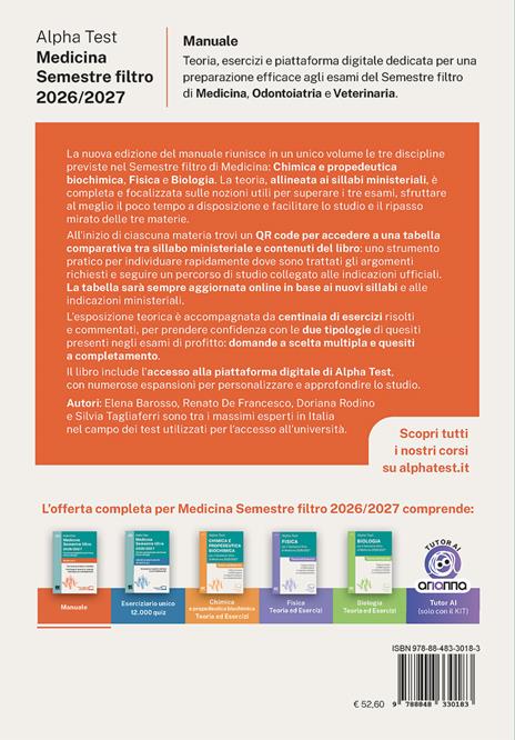 Alpha Test Medicina Semestre filtro 2026-2027. Chimica e propedeutica biochimica, fisica e biologia. Manuale. Con piattaforma digitale - 2