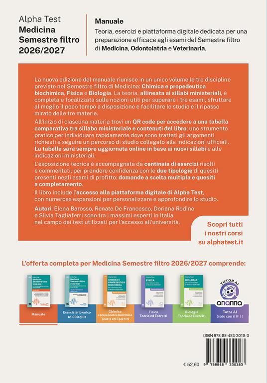 Alpha Test Medicina Semestre filtro 2026-2027. Chimica e propedeutica biochimica, fisica e biologia. Manuale. Con piattaforma digitale - 2