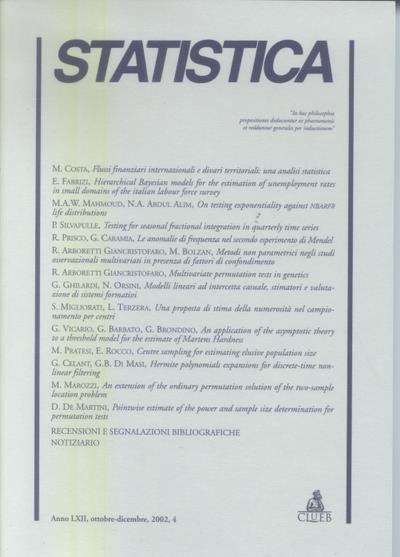 Rivista «Statistica». Anno 62, 2002. Vol. 4 - copertina