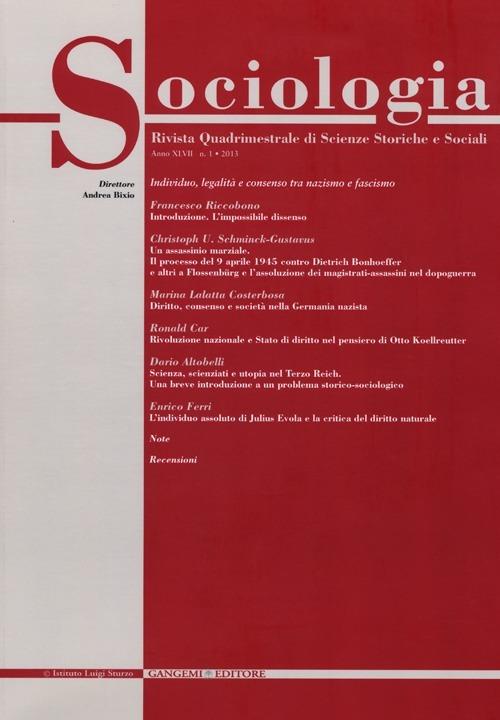 Sociologia. Rivista quadrimestrale di scienze storiche e sociali (2013). Vol. 1 - copertina