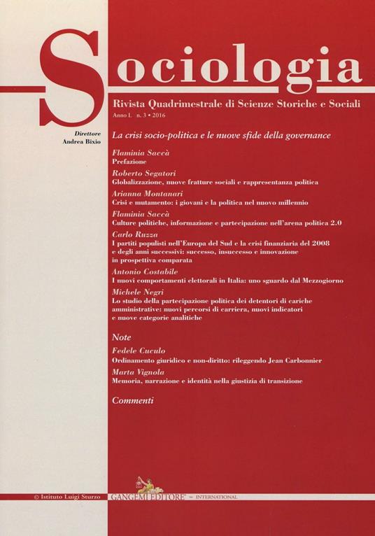 Sociologia. Rivista quadrimestrale di scienze storiche e sociali (2016). Vol. 3 - copertina