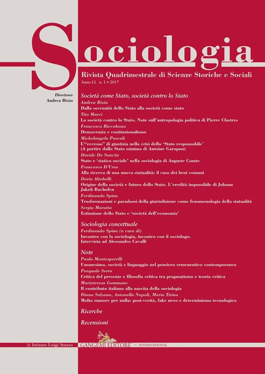 Sociologia. Rivista quadrimestrale di scienze storiche e sociali (2017). Vol. 1 - copertina