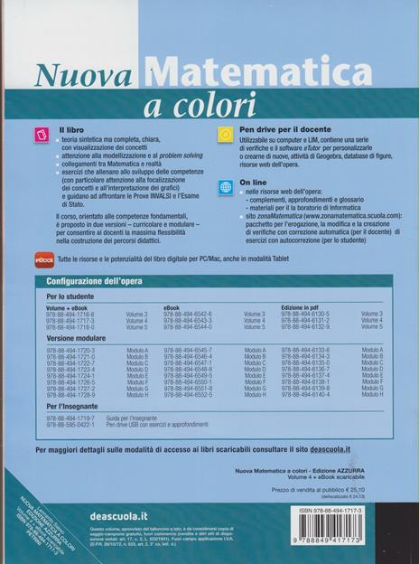 Nuova matematica a colori. Ediz. azzurra. Con CD-ROM. Con espansione online. Vol. 4: Complementi di algebra-Ellisse e iperbole-Funzioni esponenziali e logaritmiche - 2