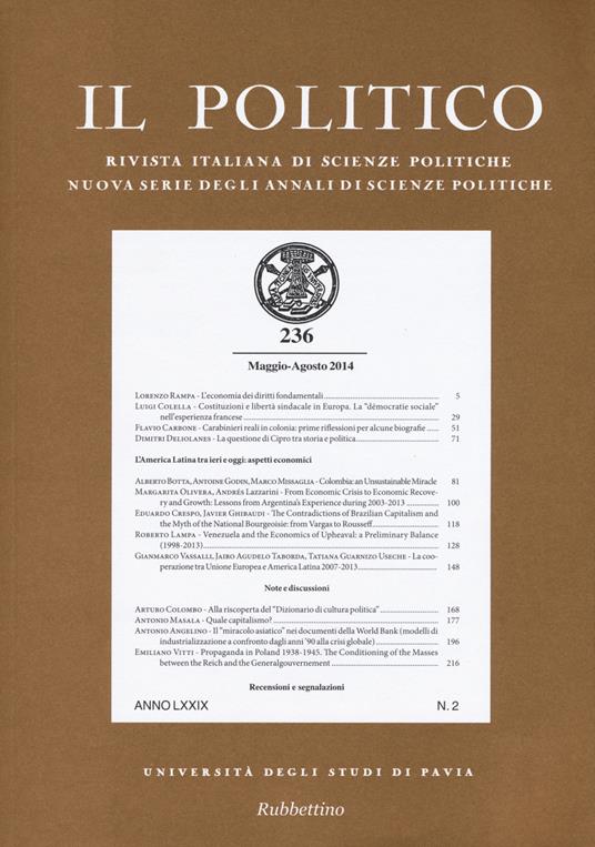 Il politico. Rivista italiana di scienze politiche (2014). Vol. 236 - copertina