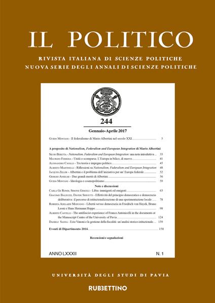 Il politico. Rivista italiana di scienze politiche (2017). Vol. 1 - copertina