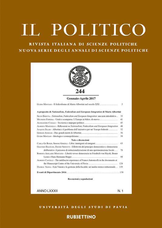 Il politico. Rivista italiana di scienze politiche (2017). Vol. 1 - copertina