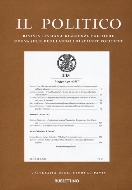Il politico. Rivista italiana di scienze politiche (2017). Vol. 2: Maggio-agosto. - copertina