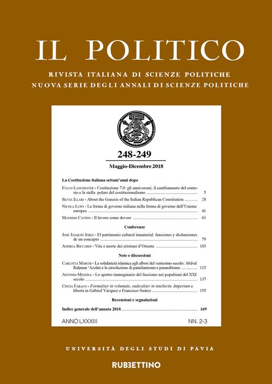 Il politico. Rivista italiana di scienze politiche (2018). Vol. 248-249 - copertina
