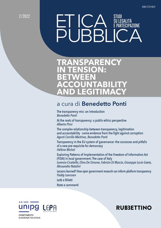 Etica pubblica. Studi su legalità e partecipazione (2022). Vol. 2: Transparency in tension: between accountability and legitimacy - copertina