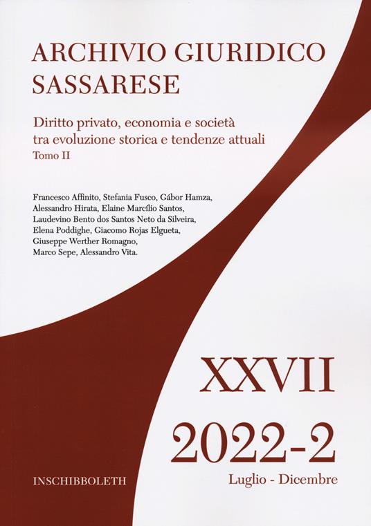 Archivio giuridico sassarese (2022). Vol. 2: Diritto privato, economia e società tra evoluzione strica e tendenze attuali - copertina