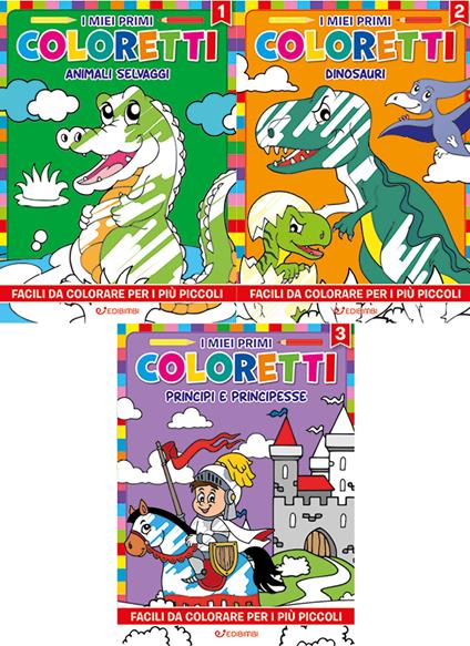 I miei primi coloretti. Ediz. illustrata. Vol. 1-3: Animali selvaggi-Dinosauri-Principi e principesse - copertina