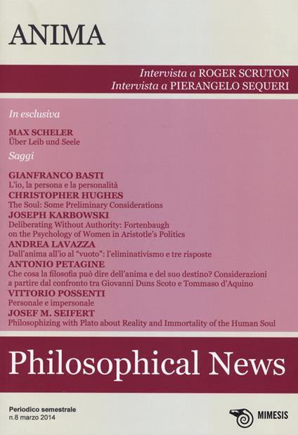 Philosophical news (2014). Vol. 8: Anima. - copertina