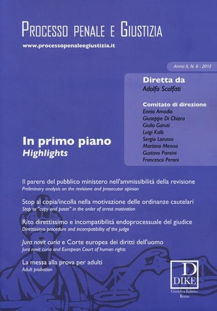 Processo penale e giustizia (2012). Vol. 6 - copertina