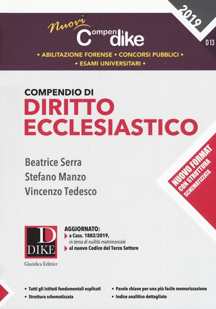 Compendio di diritto ecclesiastico - Beatrice Serra,Stefano Manzo,Vincenzo Tedesco - copertina