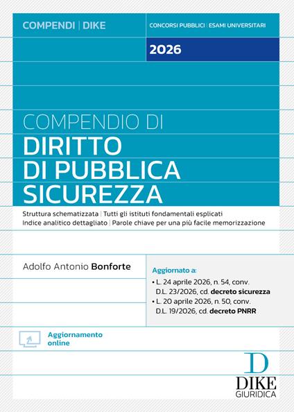 Compendio di diritto di pubblica sicurezza 2026. Con Aggiornamento online - Adolfo Antonio Bonforte - copertina