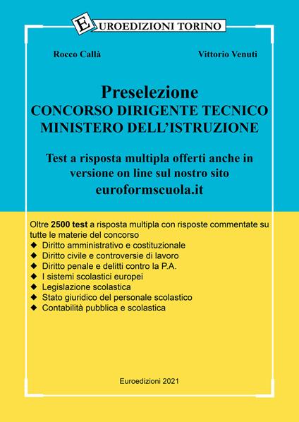 Preselezione concorso dirigente tecnico ministero dell'istruzione - Rocco Callà,Vittorio Venuti - copertina
