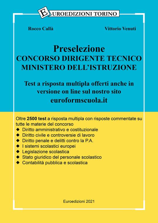 Preselezione concorso dirigente tecnico ministero dell'istruzione - Rocco Callà,Vittorio Venuti - copertina
